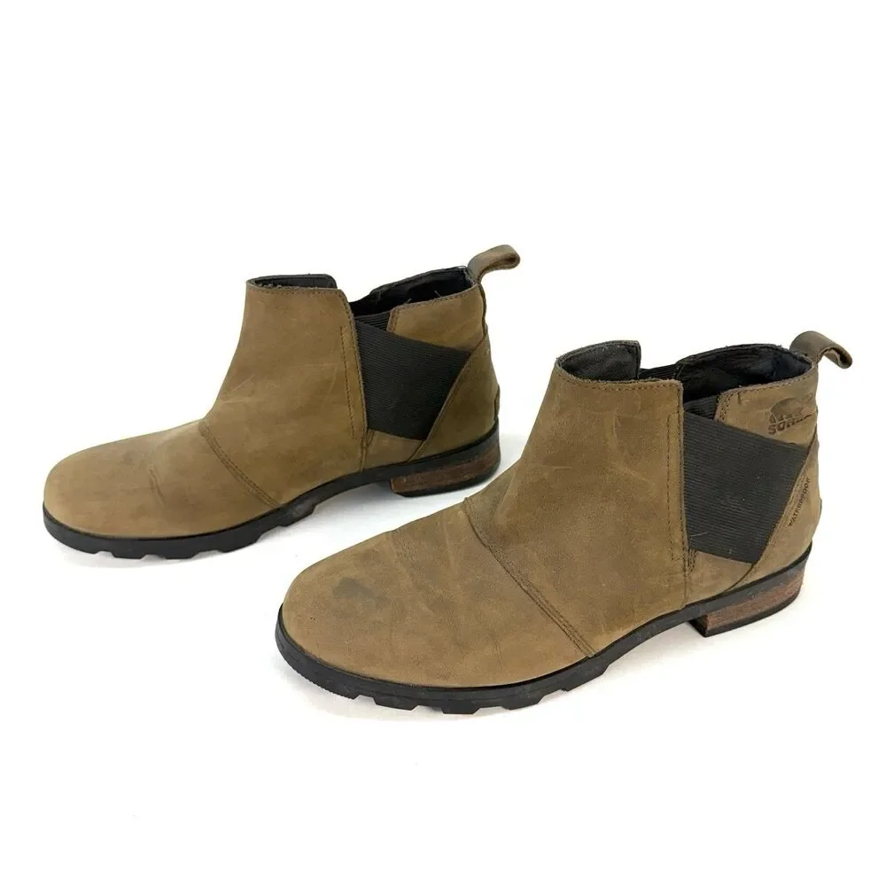 Sorel Emelie NL2671-245 Chelsea Women's 10 Tan Leather Ankle Pull On Boots Brown